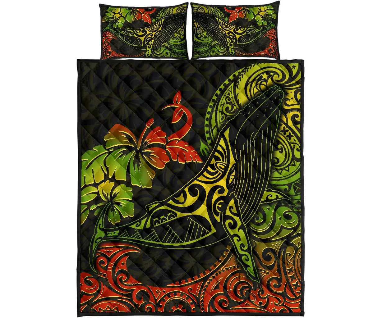 Hawaii Polynesian Quilt Bed Set - Hibiscus Humpback Whale