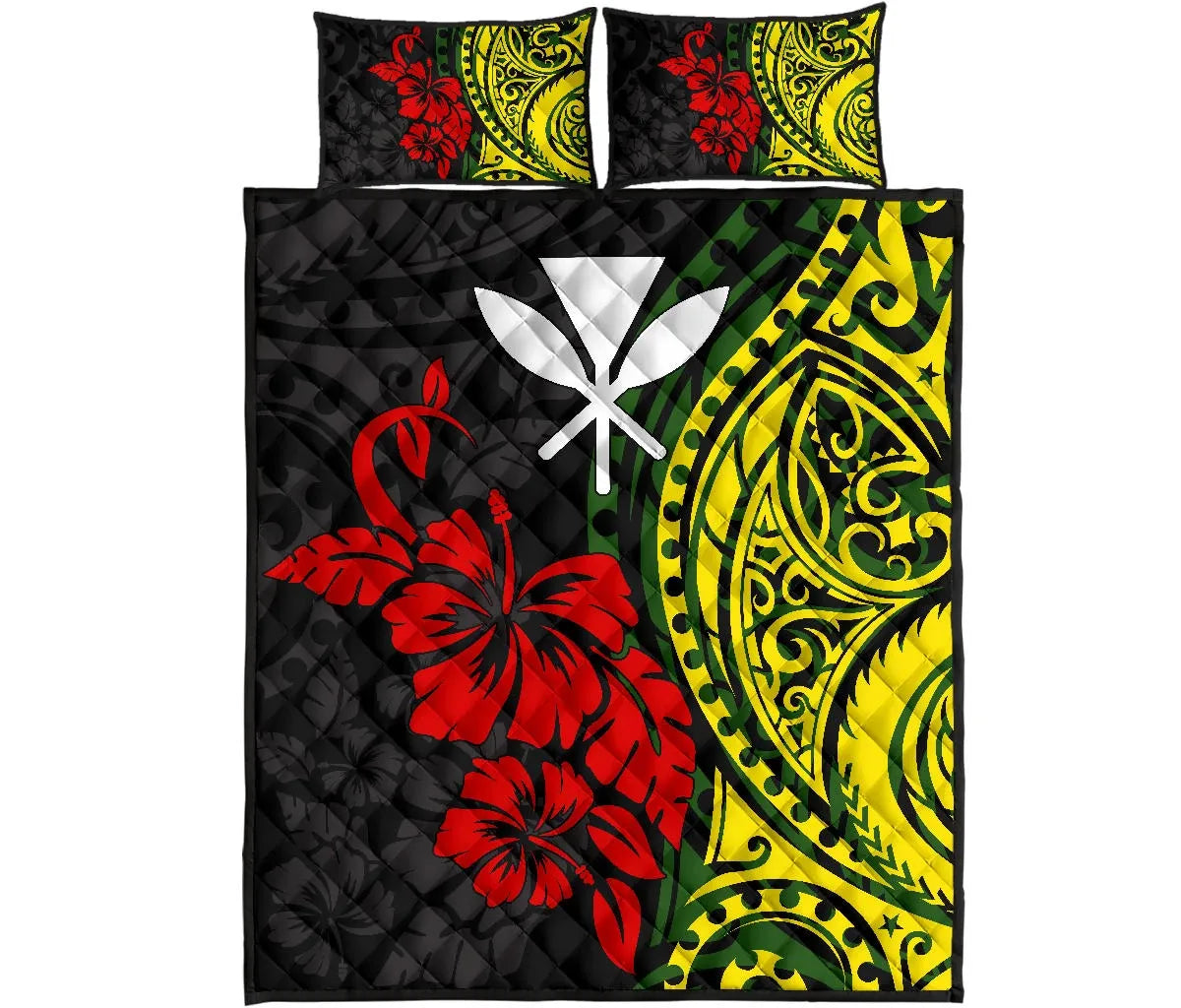Hawaii Quilt Bed Set - Polynesian Patterns With Hibiscus Flowers