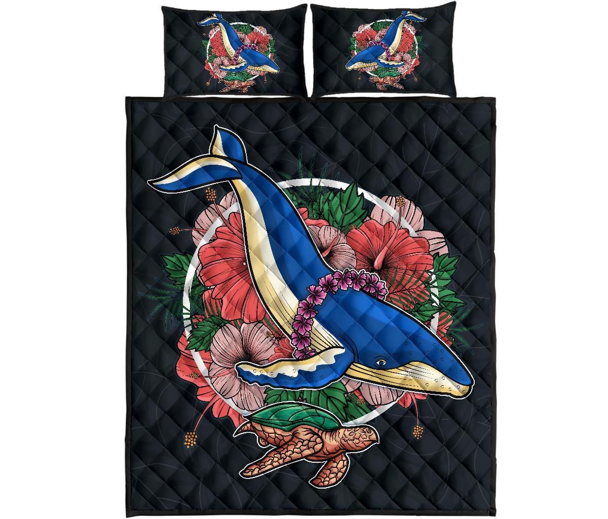 Hawaii Quilt Bed Set - Hawaii Hibiscus Whale Turtle