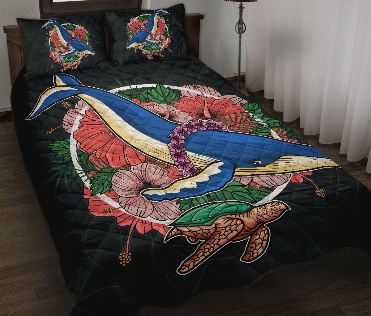 Hawaii Quilt Bed Set - Hawaii Hibiscus Whale Turtle