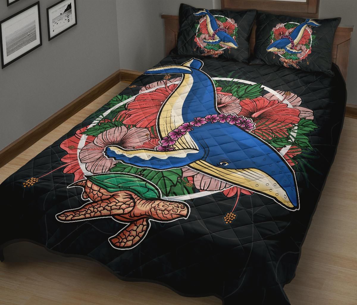 Hawaii Quilt Bed Set - Hawaii Hibiscus Whale Turtle