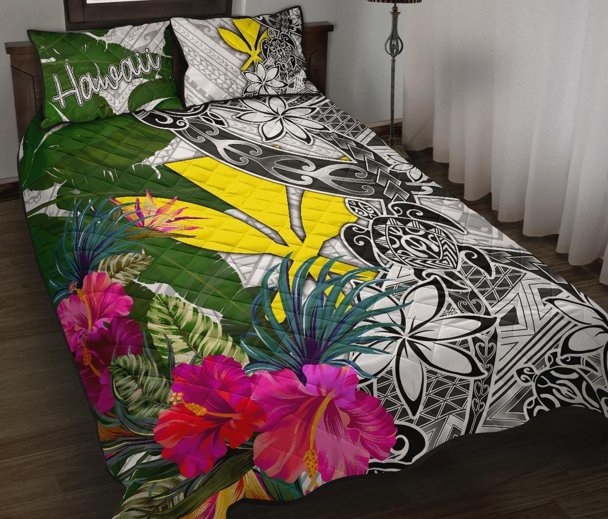 Hawaii Quilt Bed Set White - Turtle Plumeria Banana Leaf