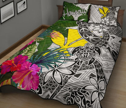 Hawaii Quilt Bed Set White - Turtle Plumeria Banana Leaf