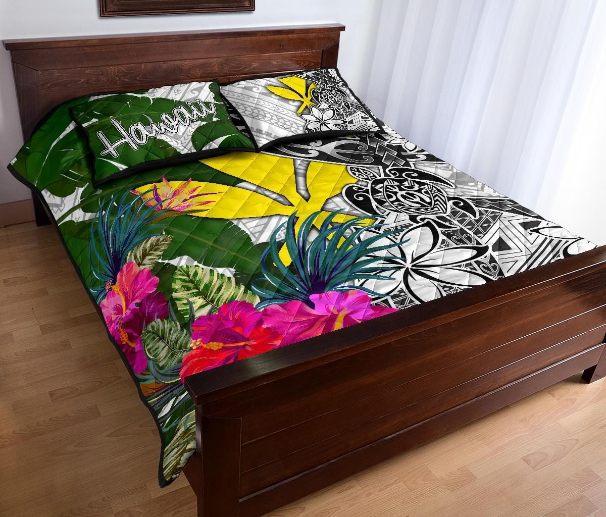 Hawaii Quilt Bed Set White - Turtle Plumeria Banana Leaf