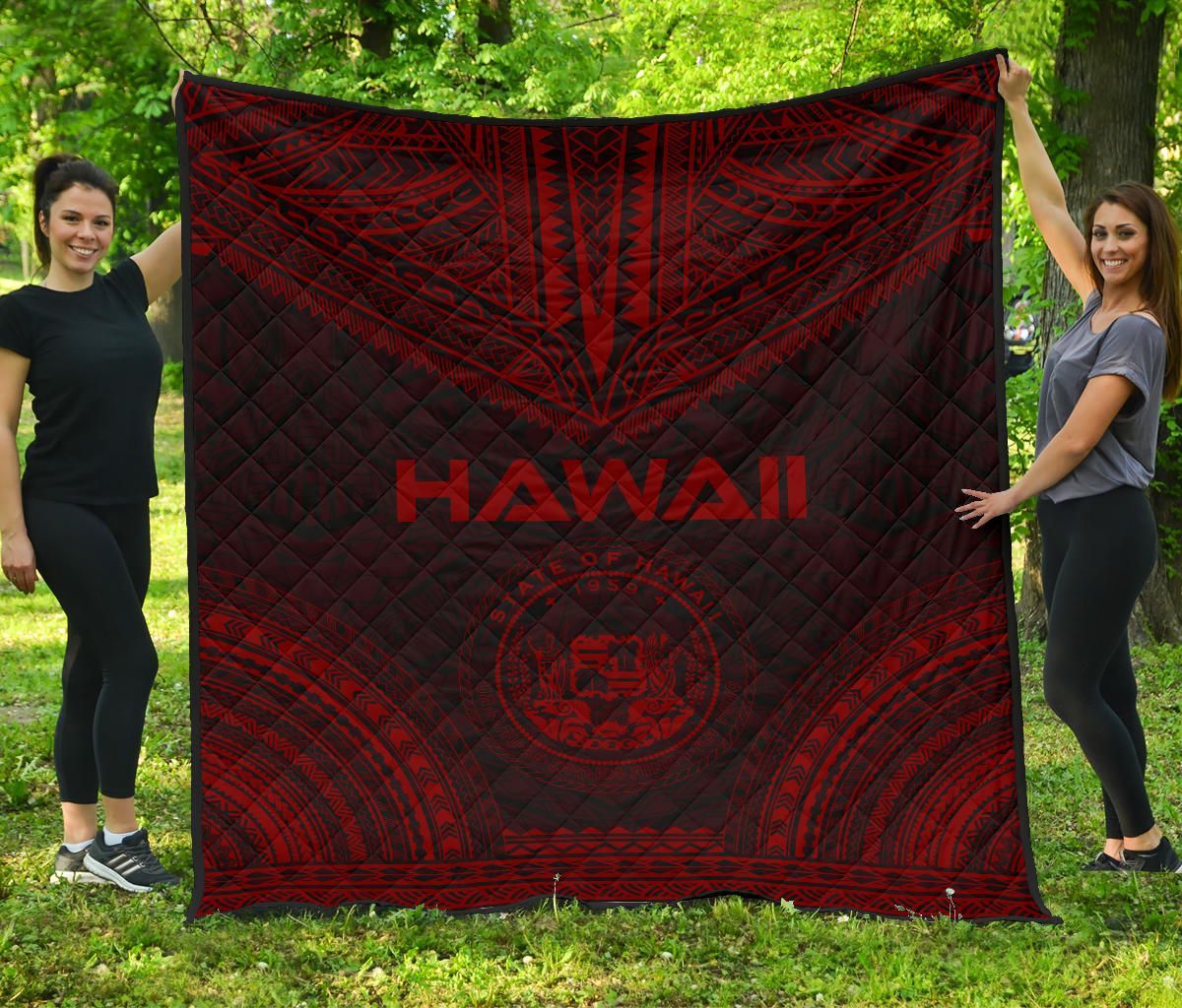 Hawaii Premium Quilt - Hawaii Seal Polynesian Chief Dark Red Version