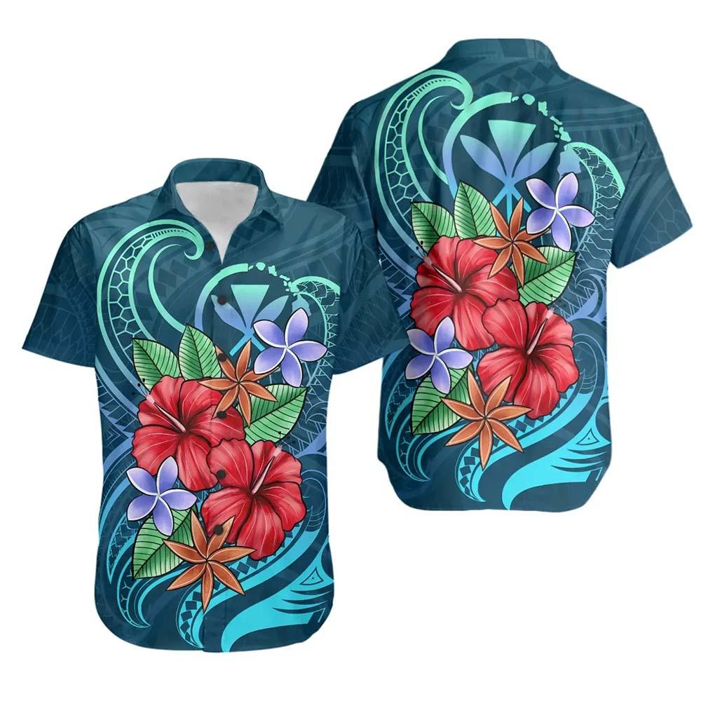 Hawaii Short Sleeve Shirt - Blue Pattern With Tropical Flowers