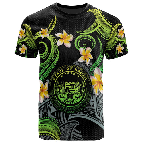 Hawaii T-shirt - Custom Personalised Polynesian Waves with Plumeria Flowers (Green)