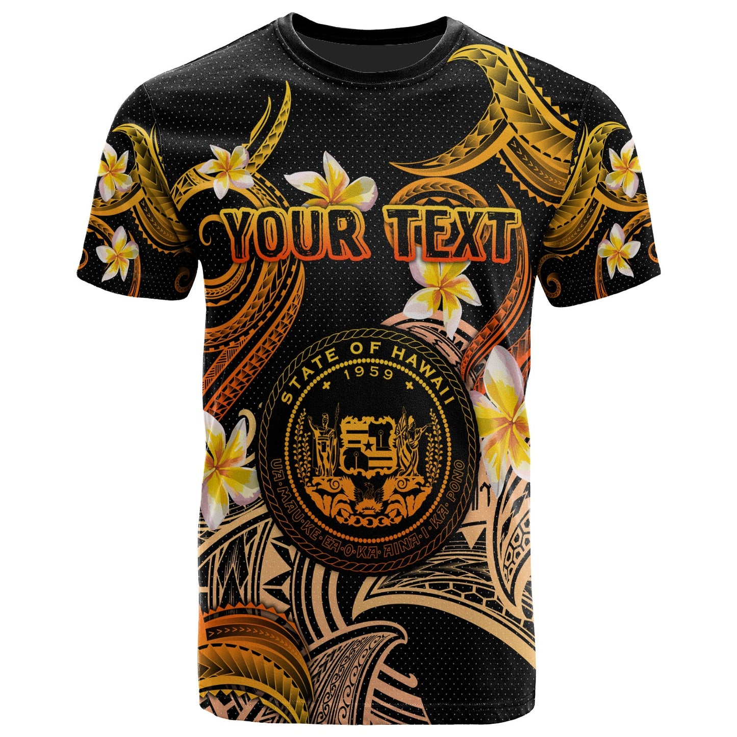 Hawaii T-shirt - Custom Personalised Polynesian Waves with Plumeria Flowers (Orange)