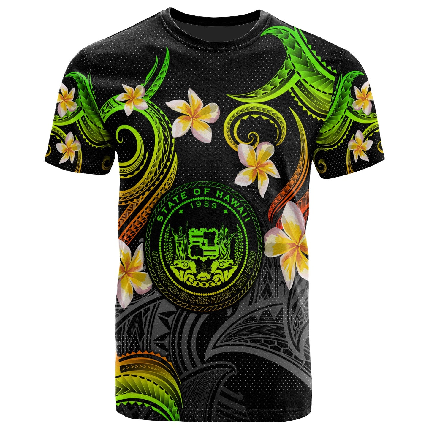 Hawaii T-shirt - Custom Personalised Polynesian Waves with Plumeria Flowers (Reggae)
