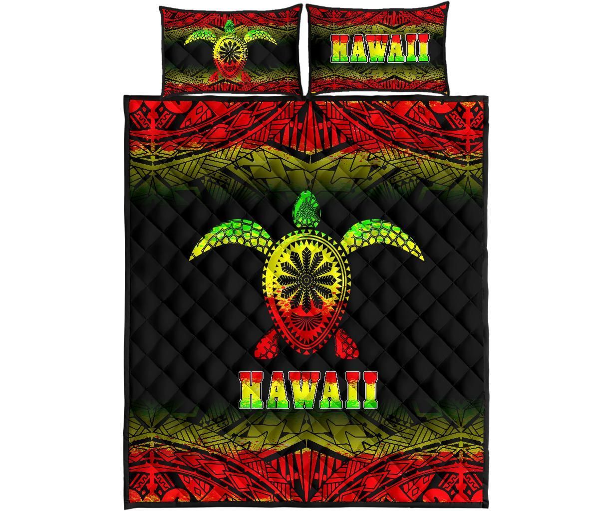 Hawaii Quilt Bed Set - Hawaii Turtle Polynesian Tattoo Black Fog Reggae Version