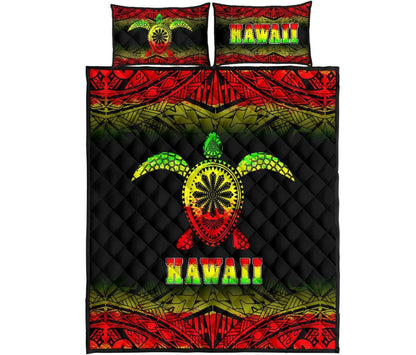 Hawaii Quilt Bed Set - Hawaii Turtle Polynesian Tattoo Black Fog Reggae Version