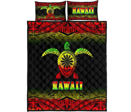 Hawaii Quilt Bed Set - Hawaii Turtle Polynesian Tattoo Black Fog Reggae Version