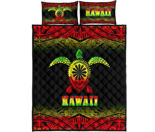 Hawaii Quilt Bed Set - Hawaii Turtle Polynesian Tattoo Black Fog Reggae Version