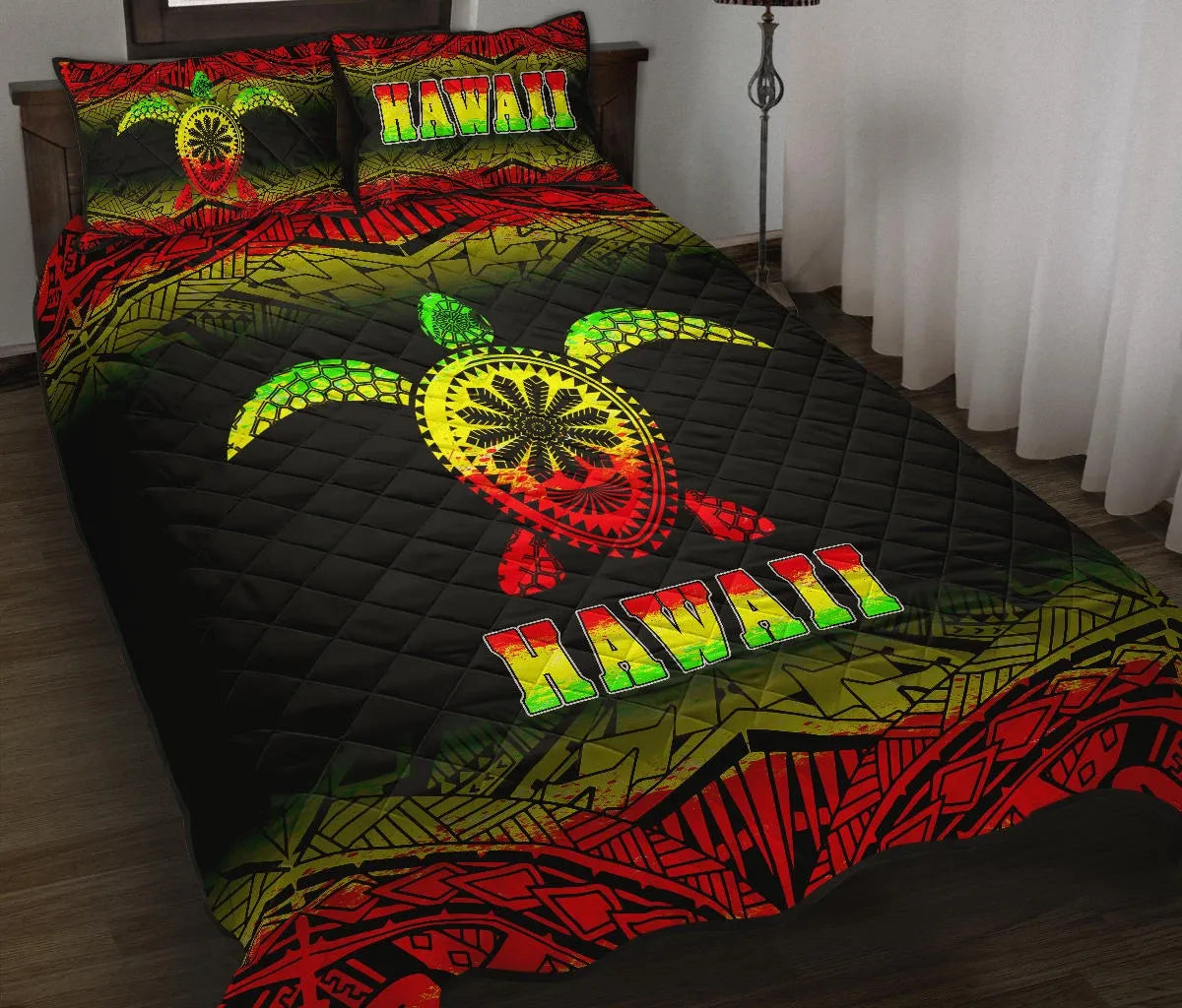 Hawaii Quilt Bed Set - Hawaii Turtle Polynesian Tattoo Black Fog Reggae Version