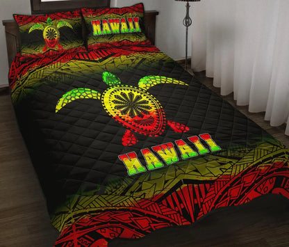Hawaii Quilt Bed Set - Hawaii Turtle Polynesian Tattoo Black Fog Reggae Version
