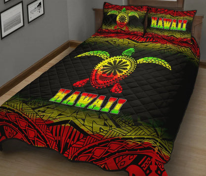 Hawaii Quilt Bed Set - Hawaii Turtle Polynesian Tattoo Black Fog Reggae Version