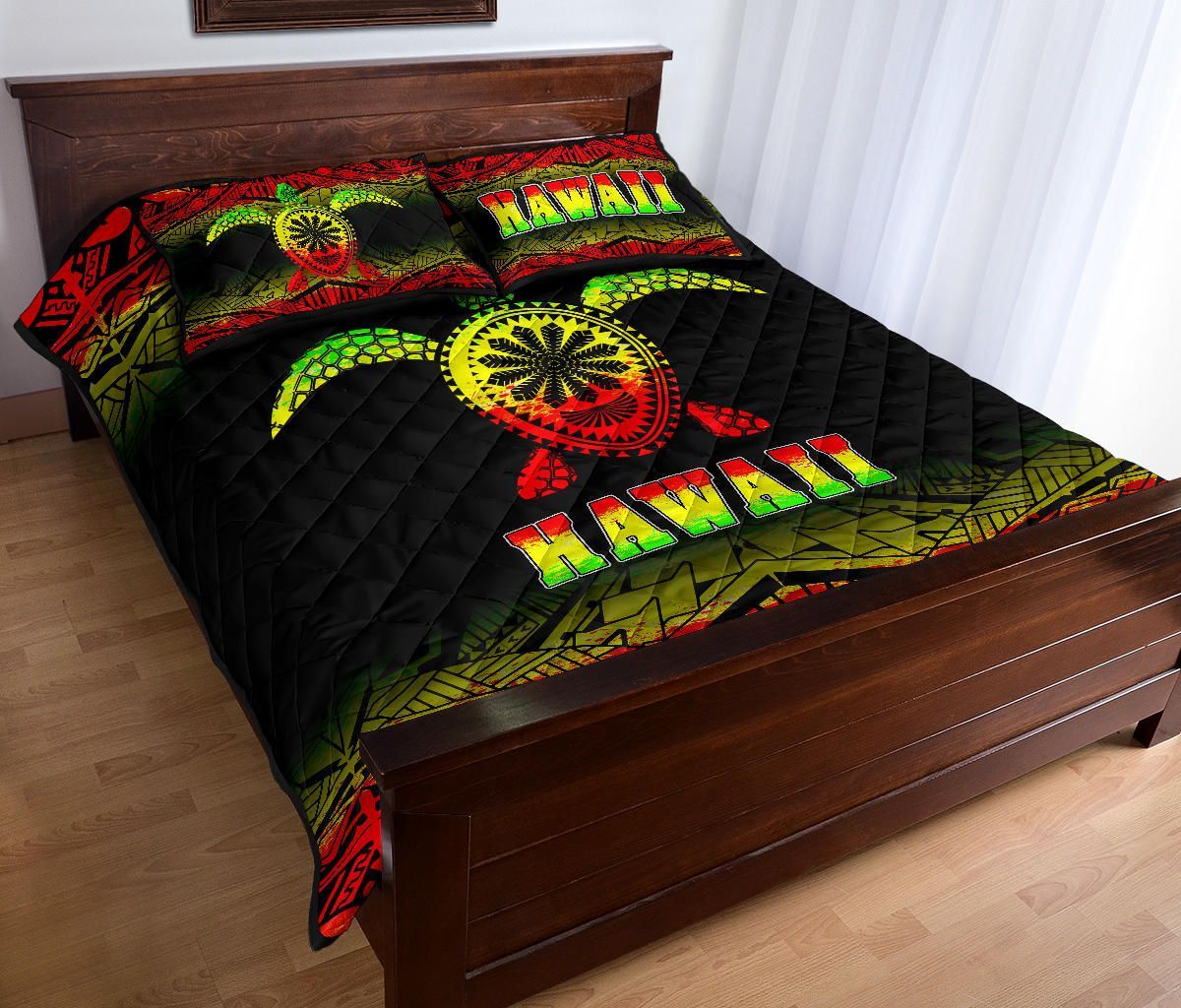 Hawaii Quilt Bed Set - Hawaii Turtle Polynesian Tattoo Black Fog Reggae Version