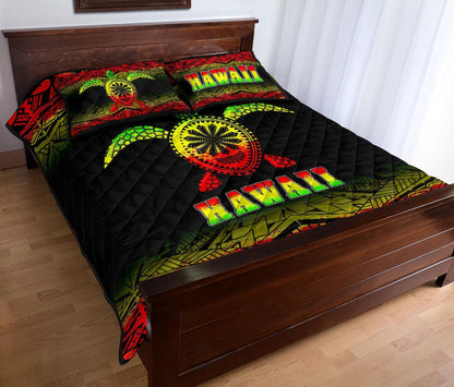 Hawaii Quilt Bed Set - Hawaii Turtle Polynesian Tattoo Black Fog Reggae Version
