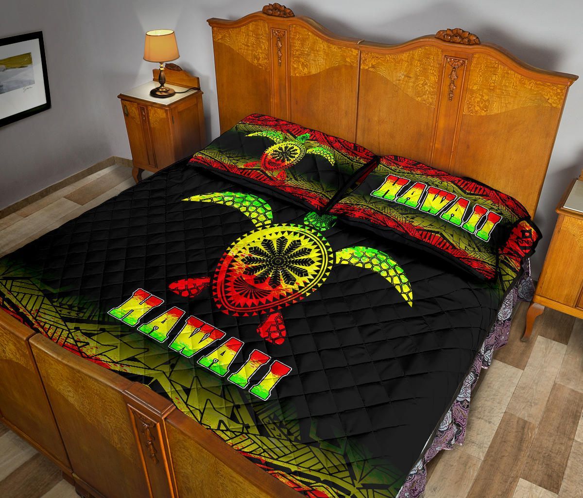 Hawaii Quilt Bed Set - Hawaii Turtle Polynesian Tattoo Black Fog Reggae Version