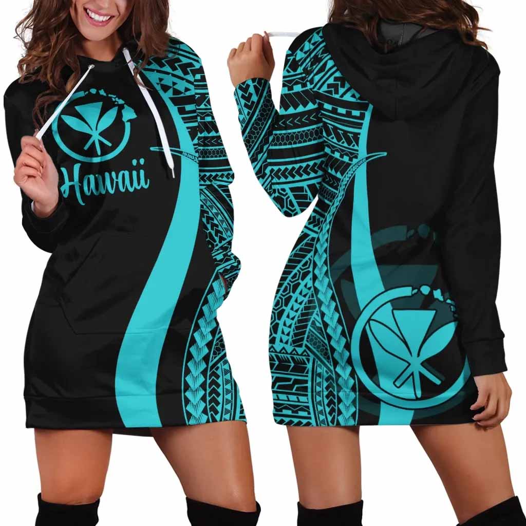 Hawaii Female Hoodie Dress - Turquoise Polynesian Tentacle Tribal Pattern