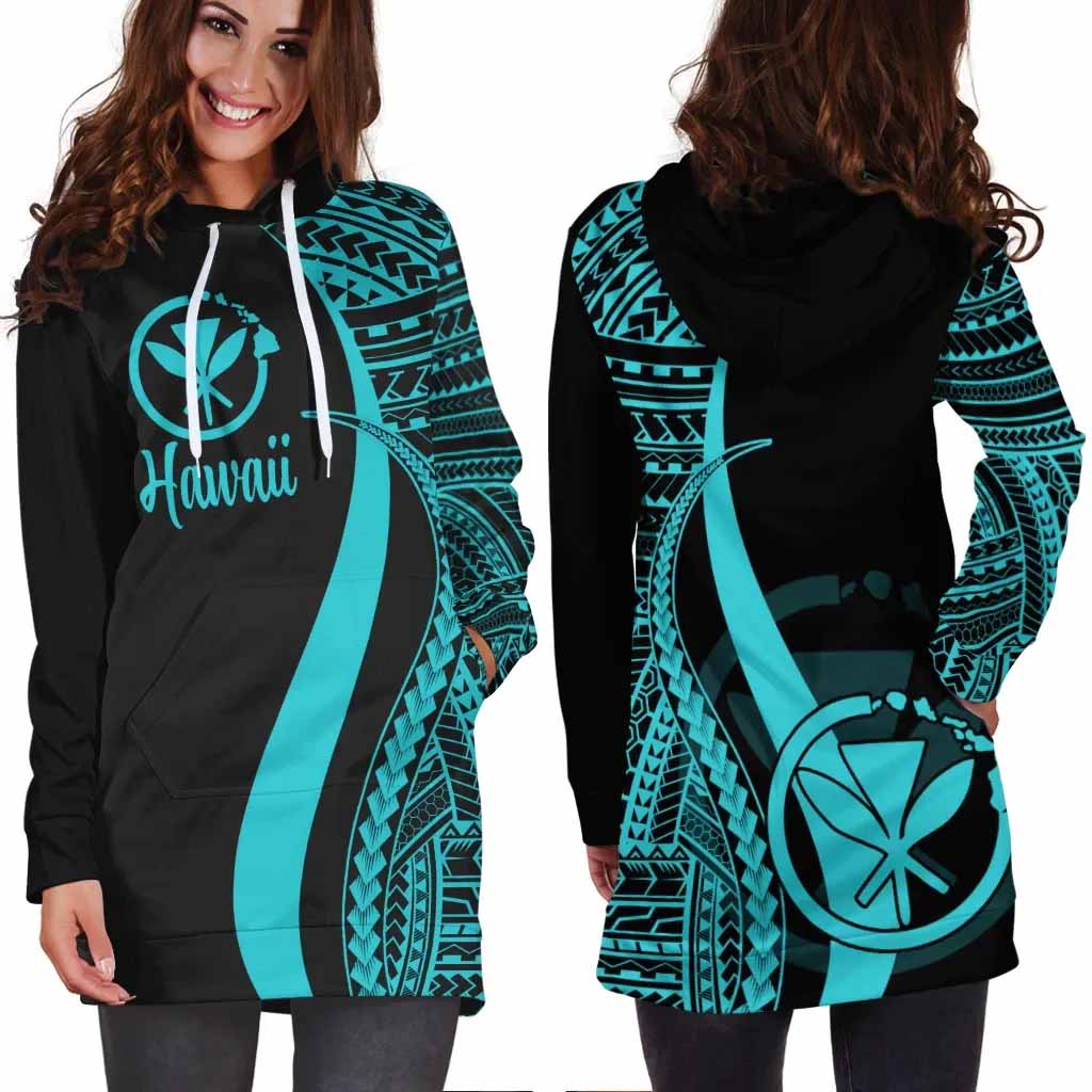 Hawaii Female Hoodie Dress - Turquoise Polynesian Tentacle Tribal Pattern