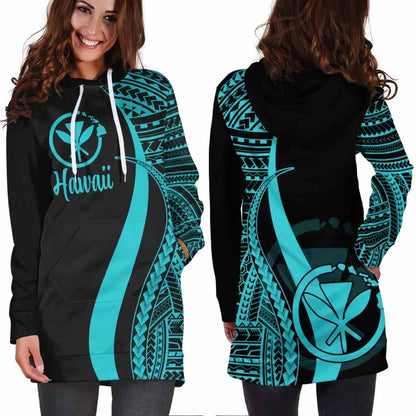 Hawaii Female Hoodie Dress - Turquoise Polynesian Tentacle Tribal Pattern