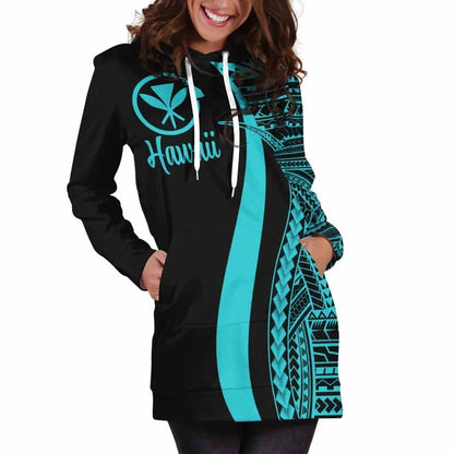 Hawaii Female Hoodie Dress - Turquoise Polynesian Tentacle Tribal Pattern