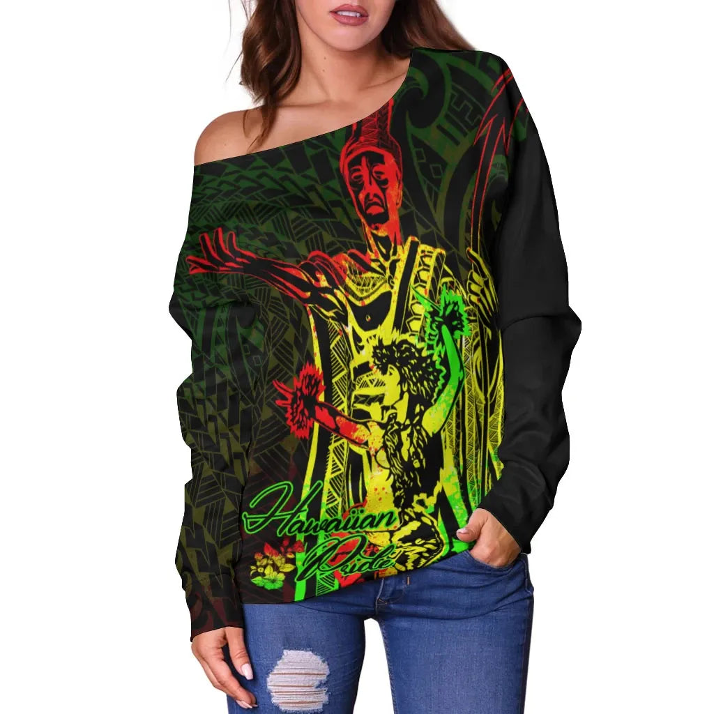 Hawaii Women Off Shoulder Sweater - King Of Hawaii With Hawaiian Girls Reggae Version