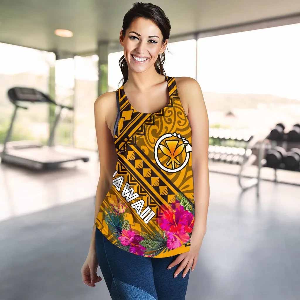 Hawaii Women Racerback Tank - Kanaka Maoli With Hibiscus On Polynesian Patterns (Yellow)