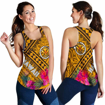 Hawaii Women Racerback Tank - Kanaka Maoli With Hibiscus On Polynesian Patterns (Yellow)