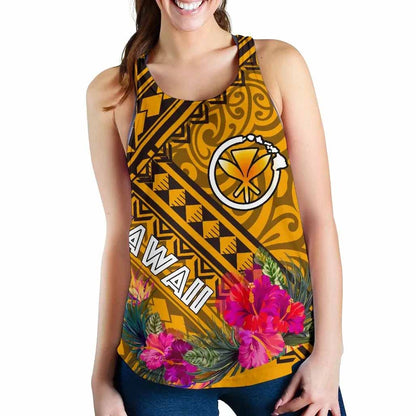 Hawaii Women Racerback Tank - Kanaka Maoli With Hibiscus On Polynesian Patterns (Yellow)