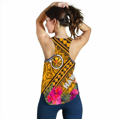 Hawaii Women Racerback Tank - Kanaka Maoli With Hibiscus On Polynesian Patterns (Yellow)