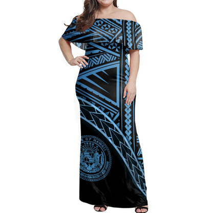 Hawaii Woman Off Shoulder Long Dress Polynesian Tribal Coat Of Arms