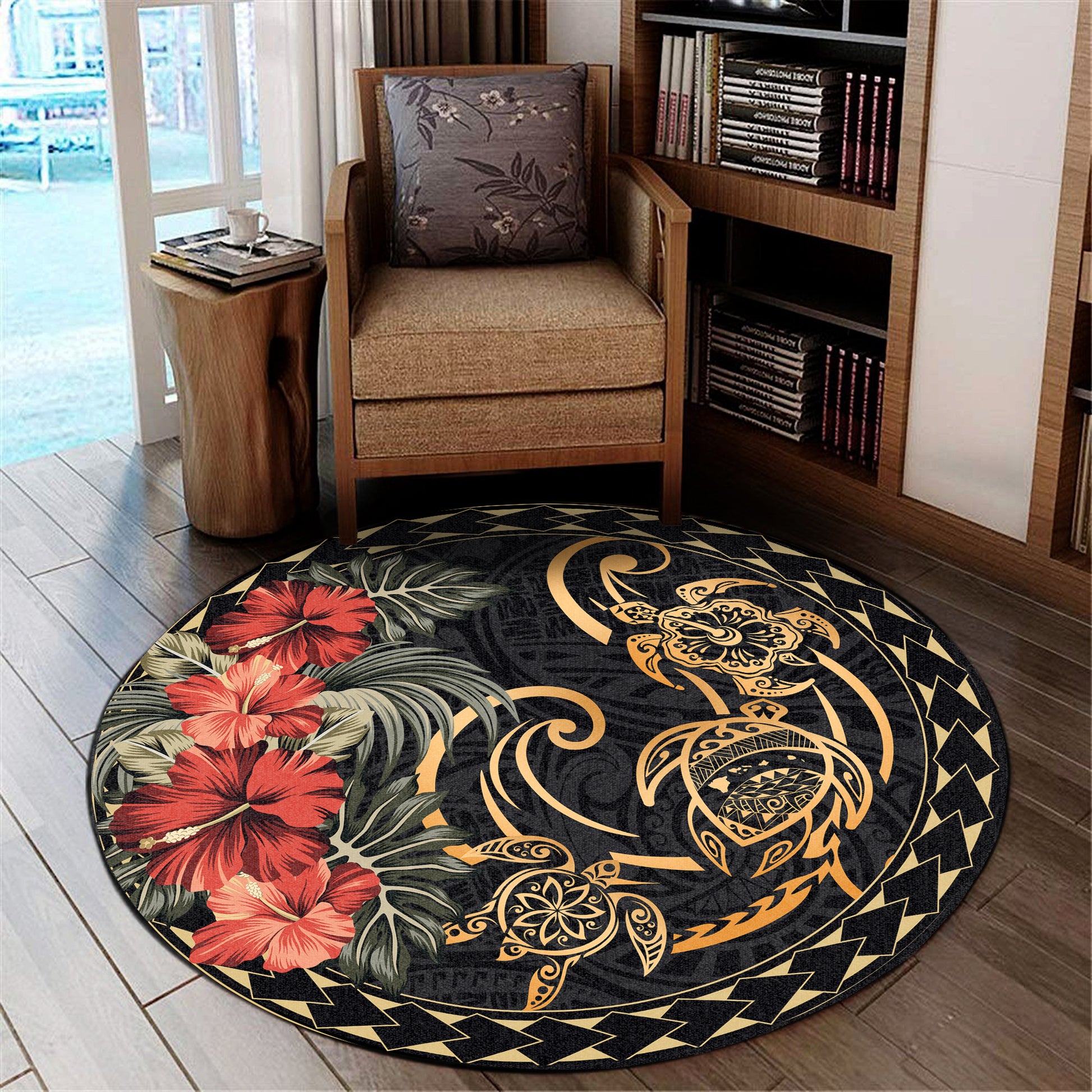 Hawaii Round Rugs Map Turtle Hibiscus