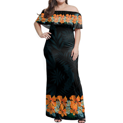 Hawaii Woman Off Shoulder Long Dress Tropical Leaf Fabric