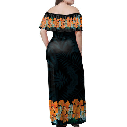 Hawaii Woman Off Shoulder Long Dress Tropical Leaf Fabric