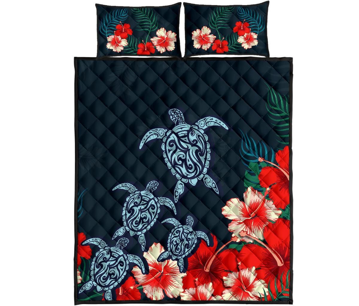 Hawaiian Quilt Bed Set - Hibiscus And Turtle Tattoo