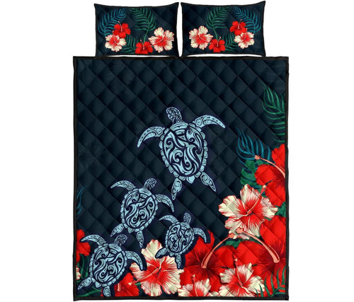 Hawaiian Quilt Bed Set - Hibiscus And Turtle Tattoo
