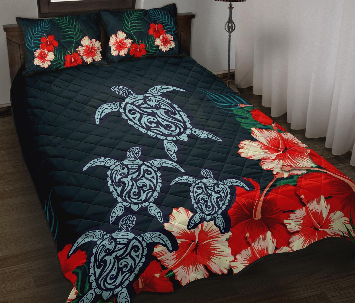 Hawaiian Quilt Bed Set - Hibiscus And Turtle Tattoo