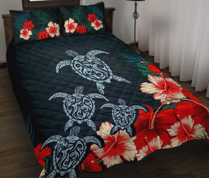Hawaiian Quilt Bed Set - Hibiscus And Turtle Tattoo