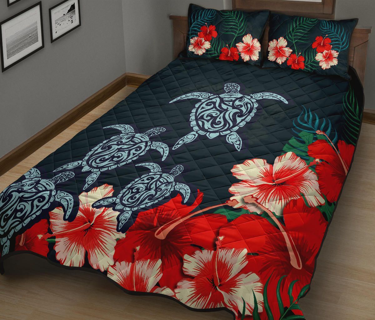 Hawaiian Quilt Bed Set - Hibiscus And Turtle Tattoo