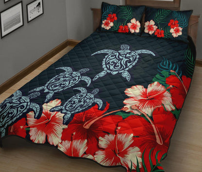 Hawaiian Quilt Bed Set - Hibiscus And Turtle Tattoo