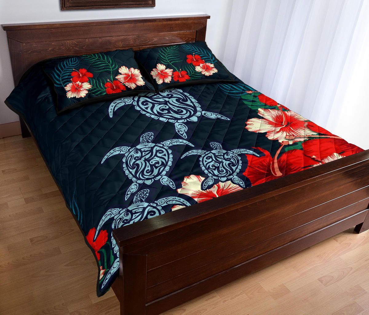 Hawaiian Quilt Bed Set - Hibiscus And Turtle Tattoo