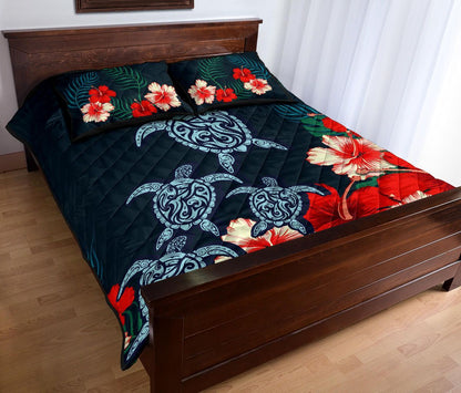 Hawaiian Quilt Bed Set - Hibiscus And Turtle Tattoo