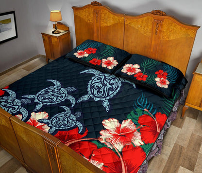 Hawaiian Quilt Bed Set - Hibiscus And Turtle Tattoo