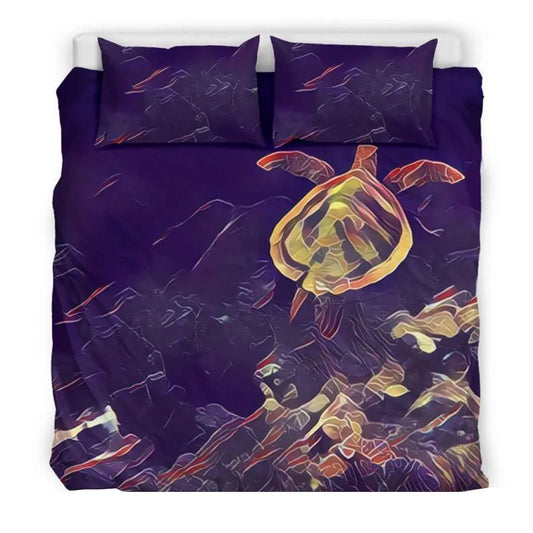 Hawaiian Duvet Cover Set - Sea Turtle Drawing (Violet)