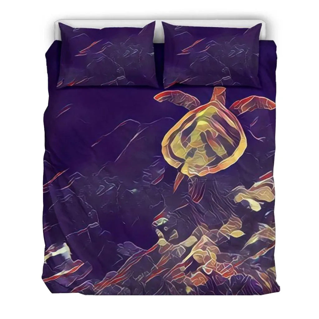 Hawaiian Duvet Cover Set - Sea Turtle Drawing (Violet)