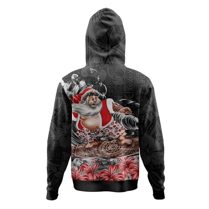 Santa Claus Surf Hoodie Hibicus Polynesian Pattern Black