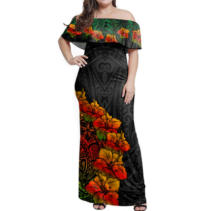 Hawaii Woman Off Shoulder Long Dress Polynesian Hibiscus Tropical Reggae