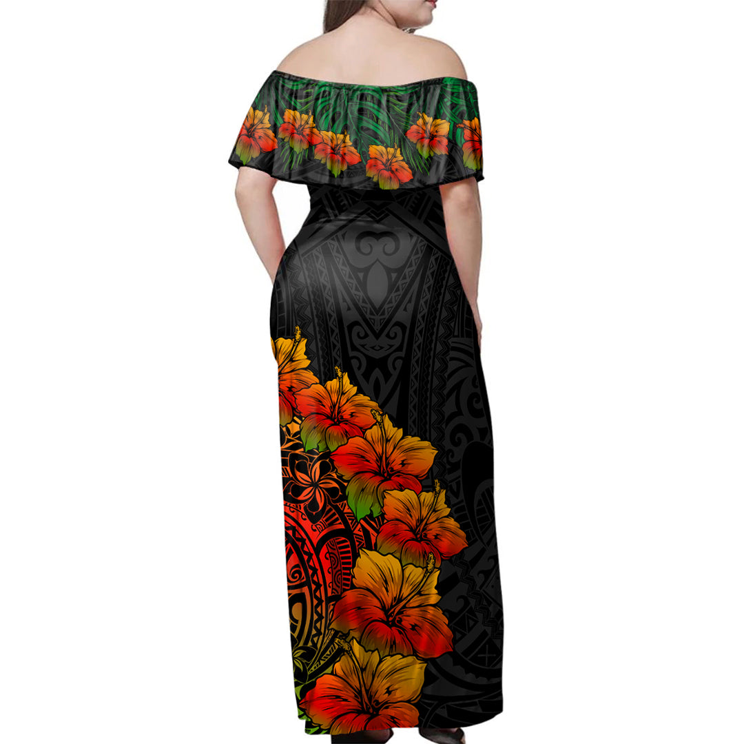 Hawaii Woman Off Shoulder Long Dress Polynesian Hibiscus Tropical Reggae